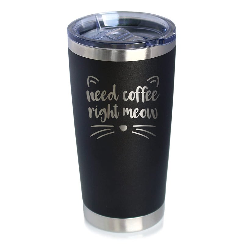 Bevvee Need Coffee Right Meow  Insulated Tumbler With Sliding Lid  Stainless Steel Mug  Cat Themed Gifts  Black 
