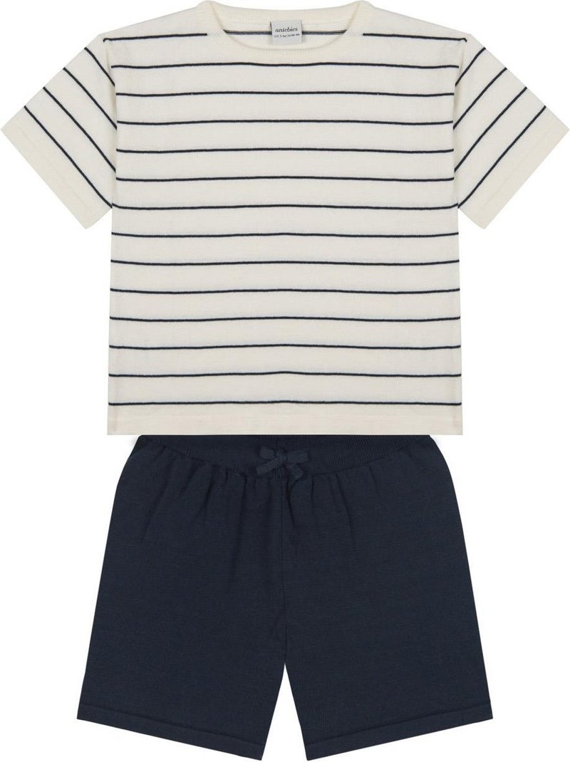 Antebies Navy Blue Striped Knitwear Shorts Set  - Image 2