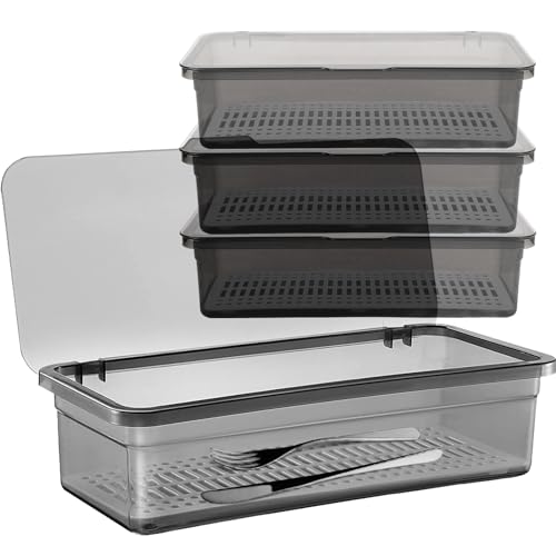 SUNSHNO 4PCS Flatware Tray with Lid and Drainer, Tableware Utensil and Cutlery Drawer Organizer with Lid Covered Silverware Tray to Keeps Your Cutlery Organized and Protected - Image 1