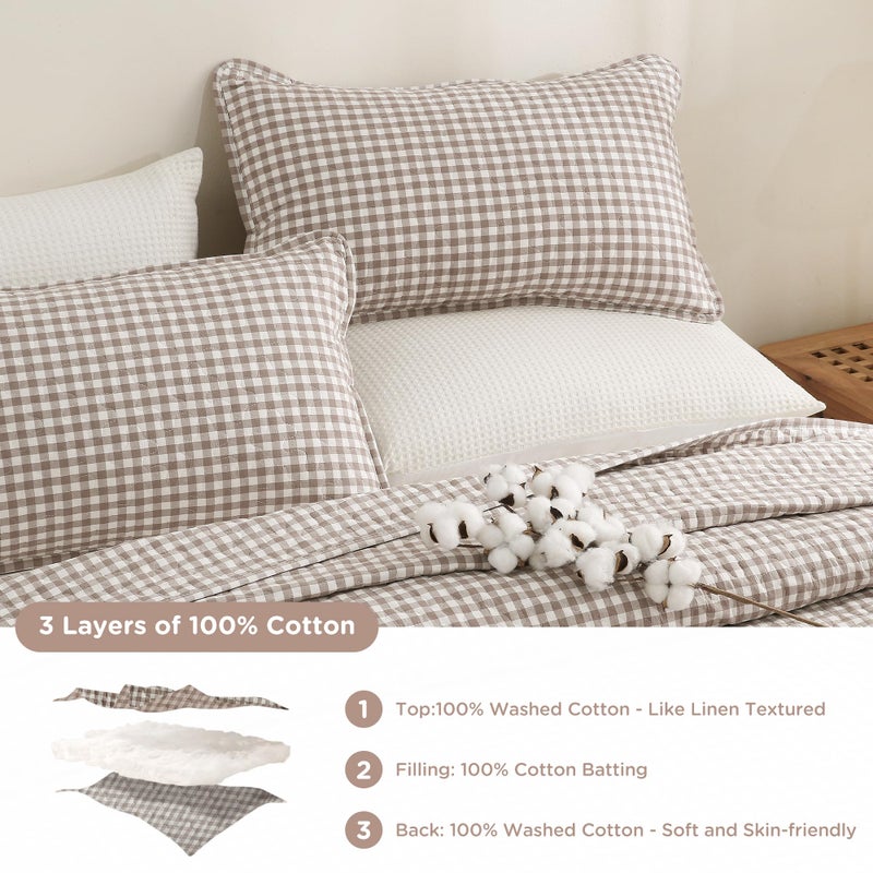 TOCOMOA Tan Gingham Quilt Bedding Set 100% Washed Cotton Bedspread Coverlet Like Linen Feel Soft Comfy Breathable 3 Piece Brown Plaid Checkered Lightweight Comforter Set for All Season, Queen 96"x90" - Image 3