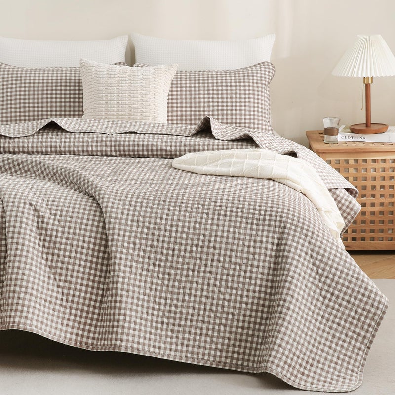 TOCOMOA Tan Gingham Quilt Bedding Set 100% Washed Cotton Bedspread Coverlet Like Linen Feel Soft Comfy Breathable 3 Piece Brown Plaid Checkered Lightweight Comforter Set for All Season, Queen 96"x90" - Image 1