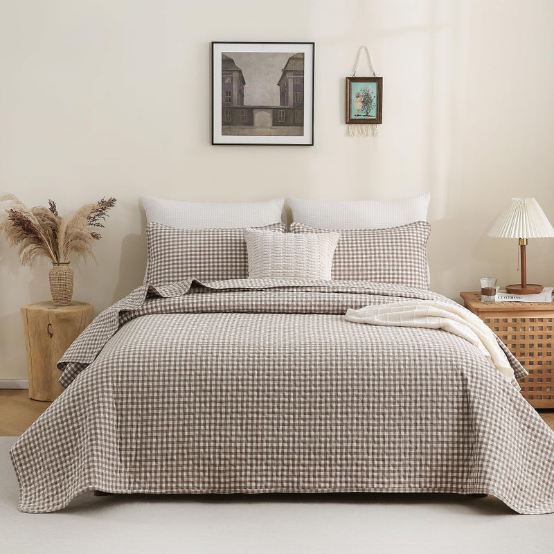 TOCOMOA Tan Gingham Quilt Bedding Set 100% Washed Cotton Bedspread Coverlet Like Linen Feel Soft Comfy Breathable 3 Piece Brown Plaid Checkered Lightweight Comforter Set for All Season, Queen 96"x90" - Image 4