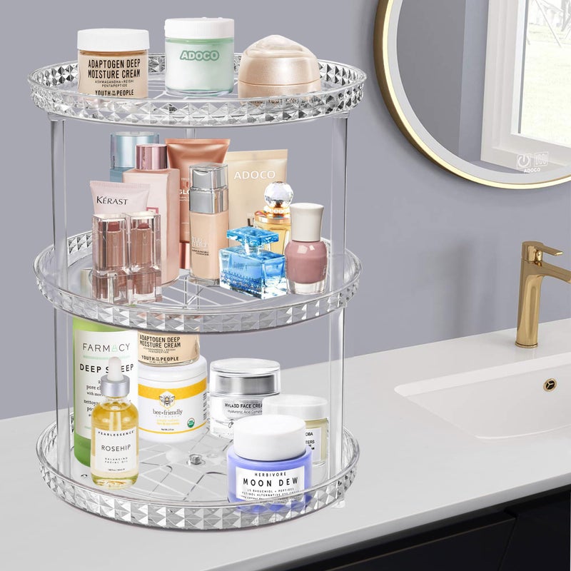 Adoco 3 Tier Diamond Lazy Susan Bathroom Organizer Countertop, Clear 360 Rotating Cosmetic Makeup Organizer for Vanity, Skincare Organizers Perfume Organizer for Counter - Organization and Storage -9.25INCH - Image 2