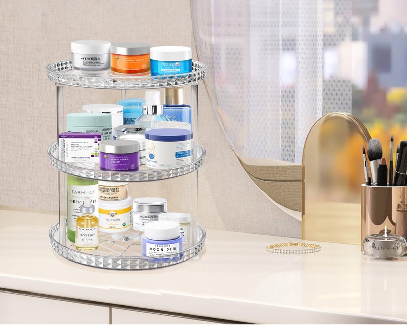 Adoco 3 Tier Diamond Lazy Susan Bathroom Organizer Countertop, Clear 360 Rotating Cosmetic Makeup Organizer for Vanity, Skincare Organizers Perfume Organizer for Counter - Organization and Storage -9.25INCH - Image 3