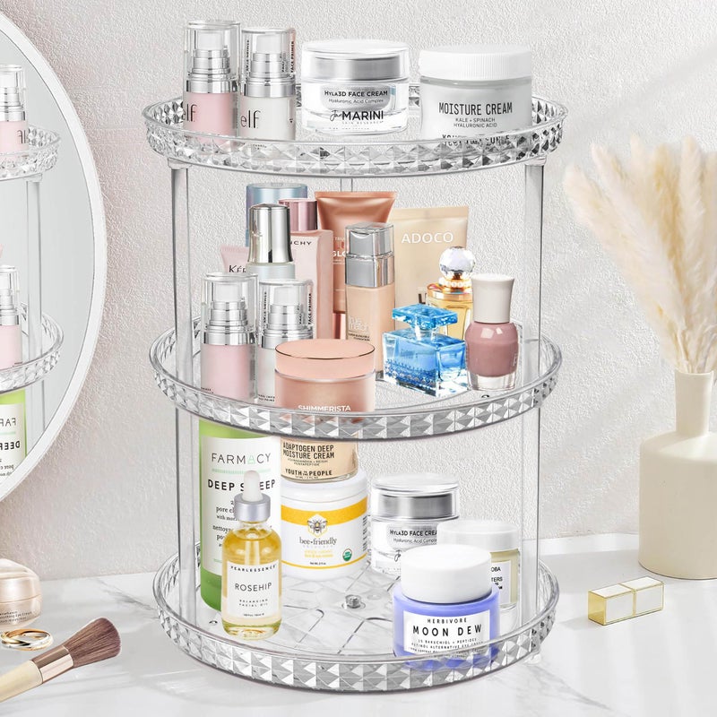Adoco 3 Tier Diamond Lazy Susan Bathroom Organizer Countertop, Clear 360 Rotating Cosmetic Makeup Organizer for Vanity, Skincare Organizers Perfume Organizer for Counter - Organization and Storage -9.25INCH - Image 1