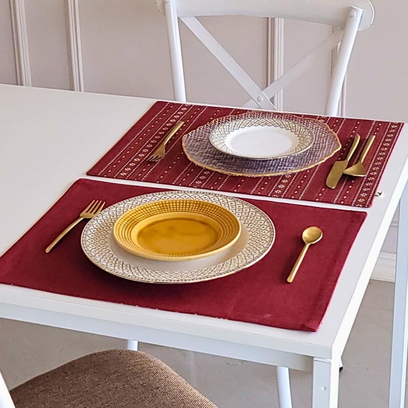 THE YARD HOUSE Placemats Reversible Wipeable Cotton in Woven Ruby Red Set of 6 EasyClean DualSided Prints and Machine Washable Table mats - Image 2
