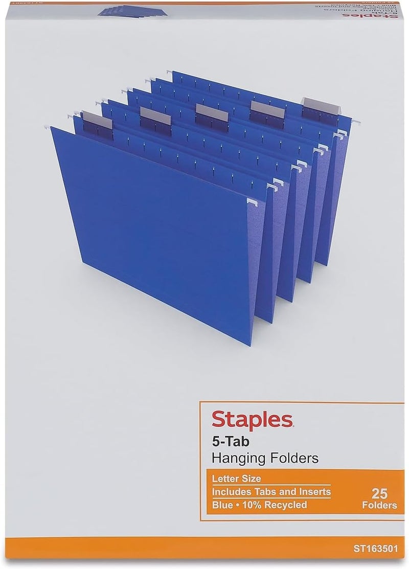 Staples Hanging File Folders - Letter Size, Blue, 5-Tab, 1/5-Cut Tab, 25-Pack for Organized Filing System | Includes Tabs & Paper Inserts, Perfect for Home, Office, Classroom - Image 5