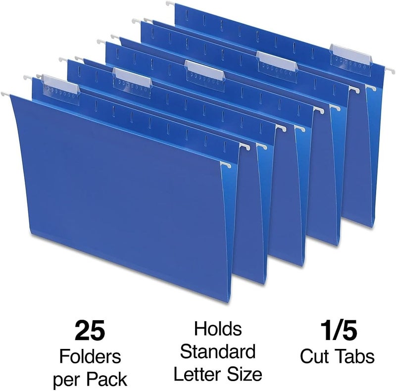 Staples Hanging File Folders - Letter Size, Blue, 5-Tab, 1/5-Cut Tab, 25-Pack for Organized Filing System | Includes Tabs & Paper Inserts, Perfect for Home, Office, Classroom - Image 2