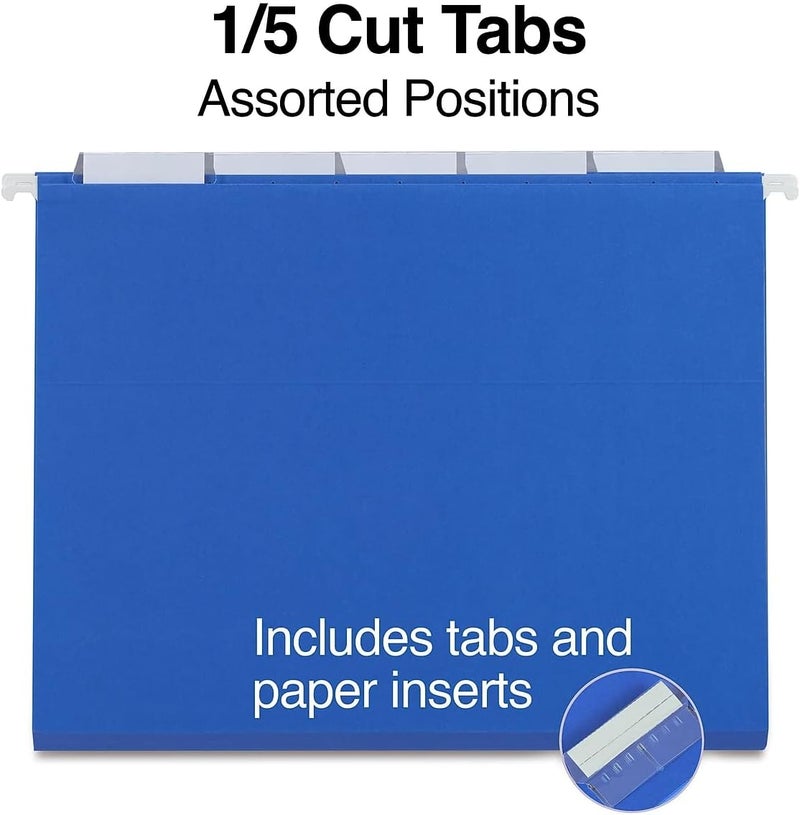 Staples Hanging File Folders - Letter Size, Blue, 5-Tab, 1/5-Cut Tab, 25-Pack for Organized Filing System | Includes Tabs & Paper Inserts, Perfect for Home, Office, Classroom - Image 3