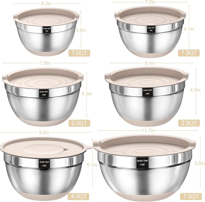 Umite Chef Mixing Bowls with Airtight Lids Set 26PCS Stainless Steel Khaki Bowls with Grater Attachments NonSlip Bottoms  Kitchen Gadgets Set Size 7 4 25 2015 1QT Great for Mixing  Serving - Image 2