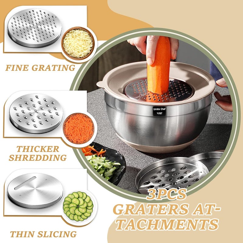Umite Chef Mixing Bowls with Airtight Lids Set 26PCS Stainless Steel Khaki Bowls with Grater Attachments NonSlip Bottoms  Kitchen Gadgets Set Size 7 4 25 2015 1QT Great for Mixing  Serving - Image 3
