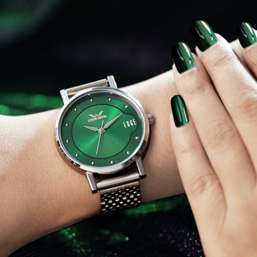 LOUIS DEVIN Stainless Steel Chain Analog Wrist Watch for Women (Green Dial) | LD-LR192-GRN-CH - Image 2