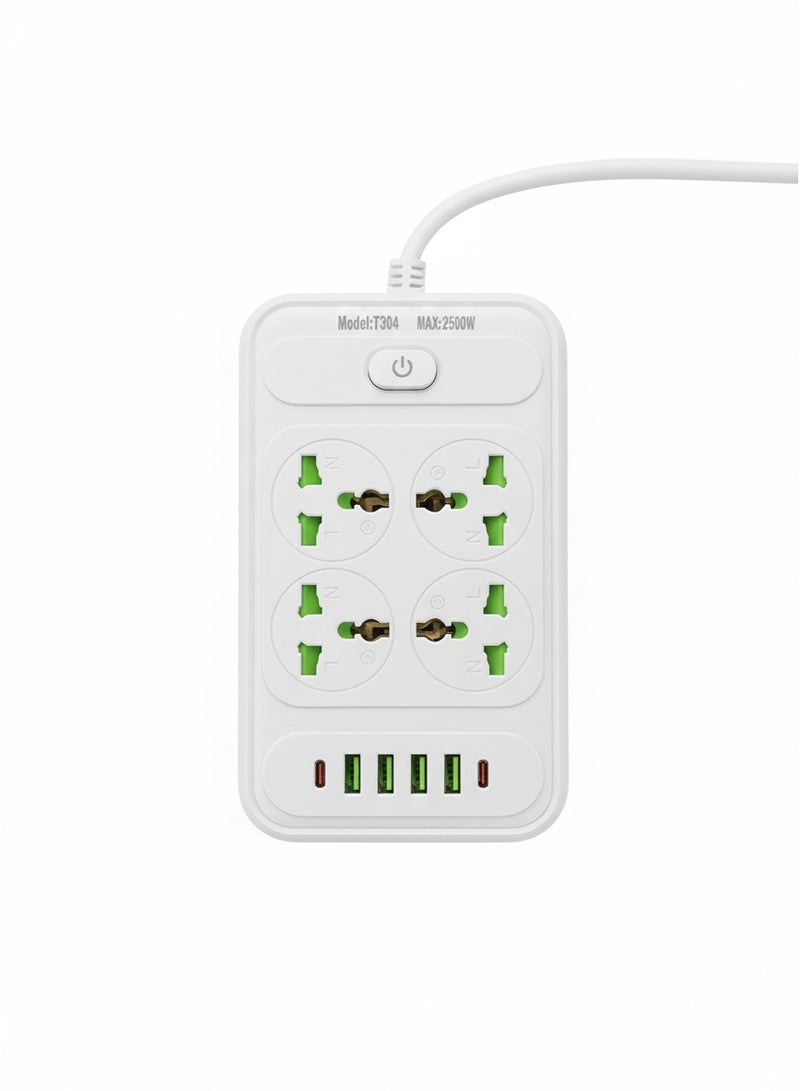 موزع طاقة متعدد المنافذ، مزود بـ 4 منافذ كهربائية عالمية، و4 منافذ USB، ومنفذين من النوع C، يوفر شحنًا سريعًا وآمنًا مع حماية من الحمل الزائد، وتصميم مقاوم للحريق، ومفتاح تشغيل، وشريحة ذكية للاستخدام المنزلي والمكتبي - Image 2