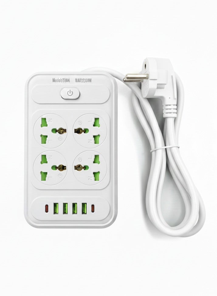 موزع طاقة متعدد المنافذ، مزود بـ 4 منافذ كهربائية عالمية، و4 منافذ USB، ومنفذين من النوع C، يوفر شحنًا سريعًا وآمنًا مع حماية من الحمل الزائد، وتصميم مقاوم للحريق، ومفتاح تشغيل، وشريحة ذكية للاستخدام المنزلي والمكتبي - Image 1