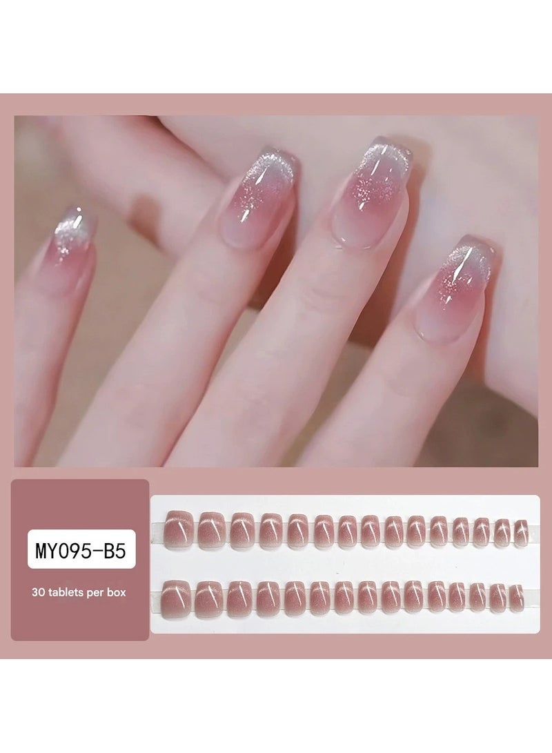 Goolsky Pink Crystal Cat Eye Press On Nails 30pcs Short Blush Nail Tips Smile Design Nail Set  - Image 1