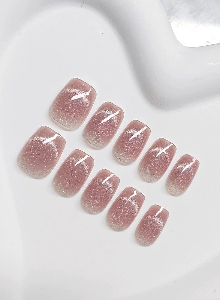Goolsky Pink Crystal Cat Eye Press On Nails 30pcs Short Blush Nail Tips Smile Design Nail Set  - Image 3