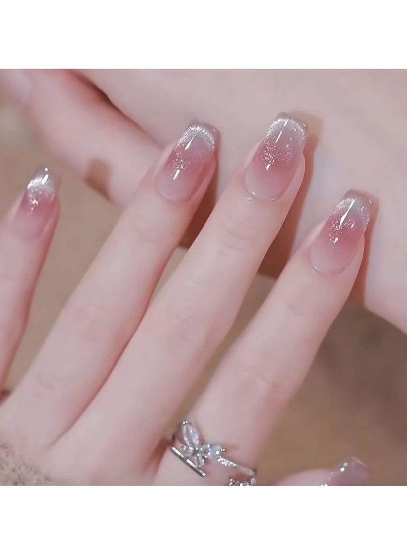 Goolsky Pink Crystal Cat Eye Press On Nails 30pcs Short Blush Nail Tips Smile Design Nail Set  - Image 5