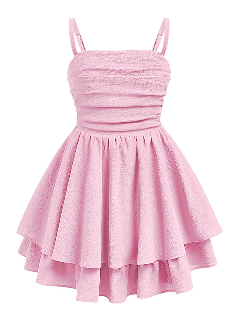 EXARUS Girls Dress Pink Teen Easter Church Formal Back to School Homecoming Dance Casual Tween Swing Ruched Flowy Ruffle Summer Spaghetti Strap Adjustable Outfits Dresses Cami for 12 Years - Image 1
