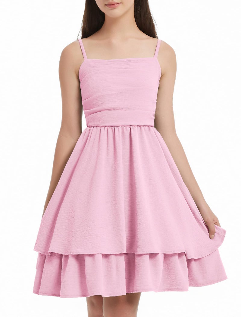 EXARUS Girls Dress Pink Teen Easter Church Formal Back to School Homecoming Dance Casual Tween Swing Ruched Flowy Ruffle Summer Spaghetti Strap Adjustable Outfits Dresses Cami for 12 Years - Image 2