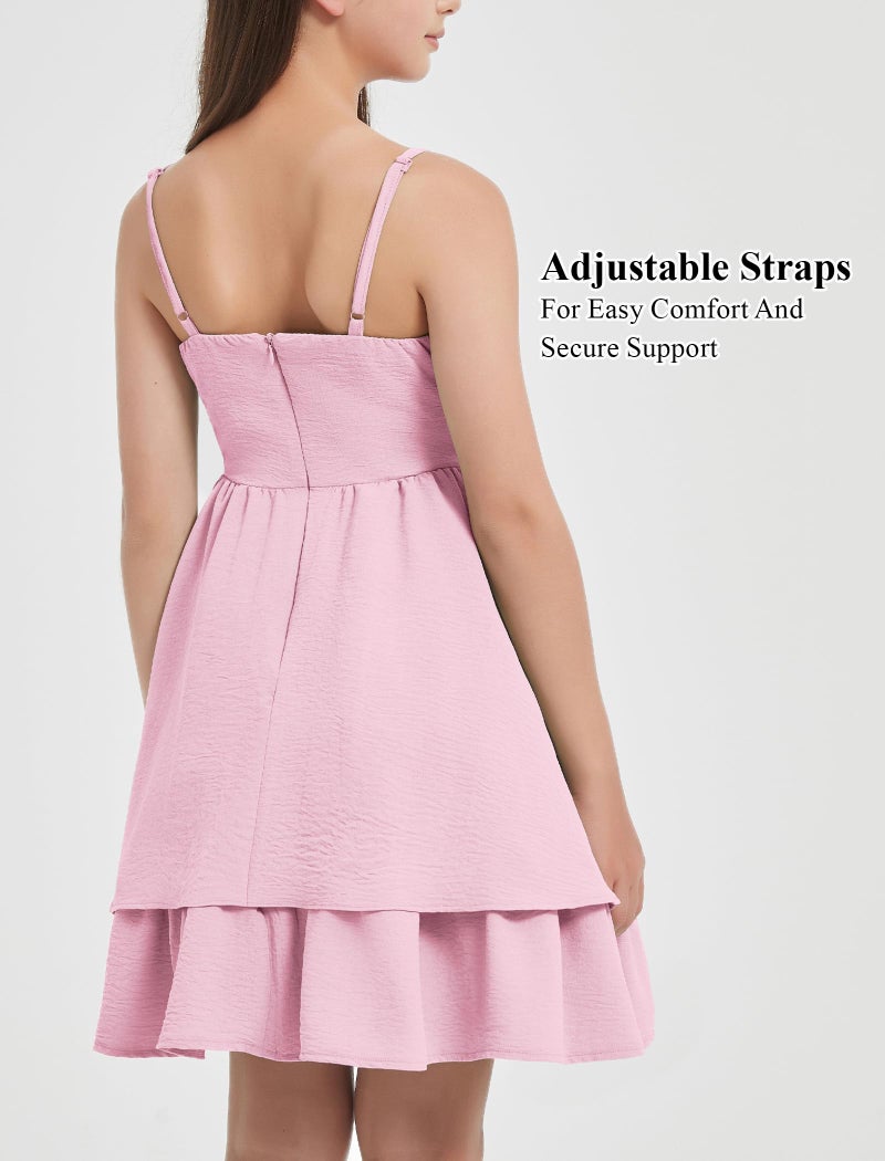 EXARUS Girls Dress Pink Teen Easter Church Formal Back to School Homecoming Dance Casual Tween Swing Ruched Flowy Ruffle Summer Spaghetti Strap Adjustable Outfits Dresses Cami for 12 Years - Image 4