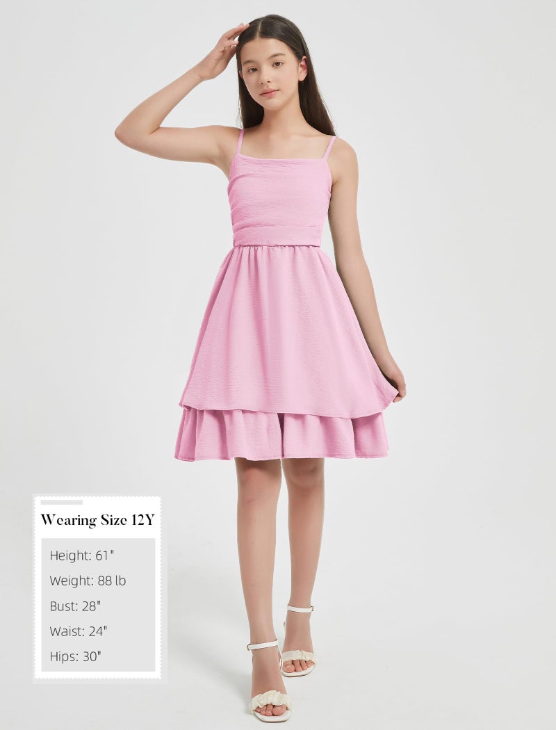 EXARUS Girls Dress Pink Teen Easter Church Formal Back to School Homecoming Dance Casual Tween Swing Ruched Flowy Ruffle Summer Spaghetti Strap Adjustable Outfits Dresses Cami for 12 Years - Image 5