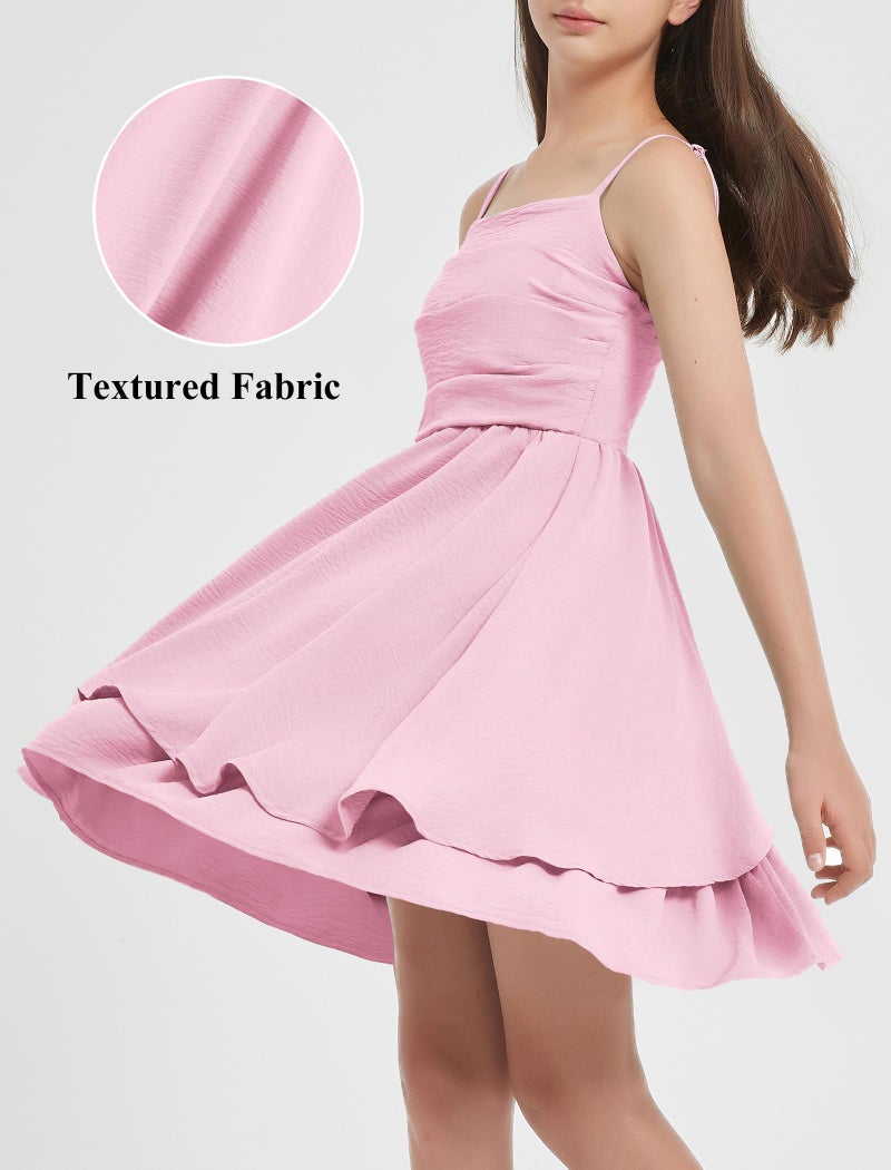 EXARUS Girls Dress Pink Teen Easter Church Formal Back to School Homecoming Dance Casual Tween Swing Ruched Flowy Ruffle Summer Spaghetti Strap Adjustable Outfits Dresses Cami for 12 Years - Image 3