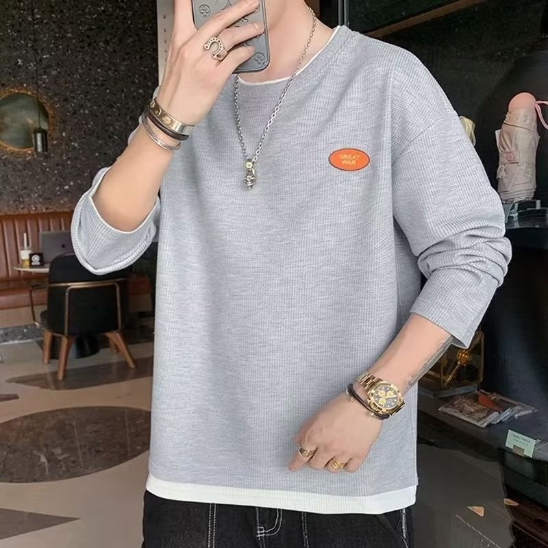 Waffle long-sleeved T-shirt men's spring and autumn fake two-piece T-shirt top ins fashion brand Korean style solid color bottoming shirt wholesale - Image 1