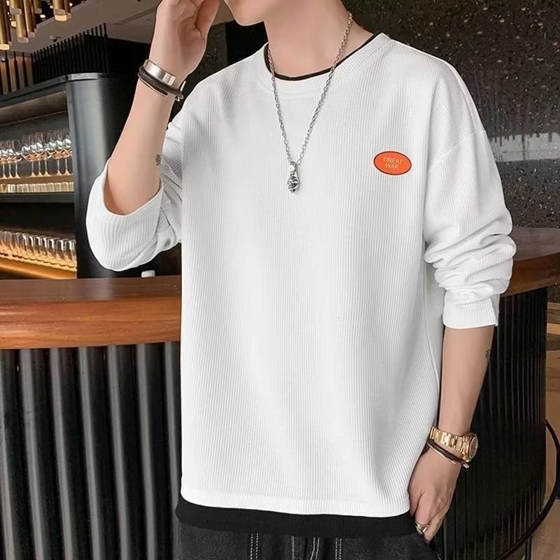 Waffle long-sleeved T-shirt men's spring and autumn fake two-piece T-shirt top ins fashion brand Korean style solid color bottoming shirt wholesale - Image 3