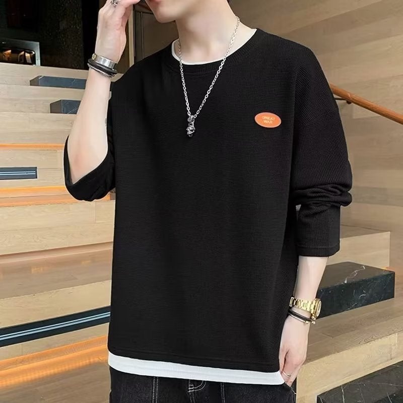 Waffle long-sleeved T-shirt men's spring and autumn fake two-piece T-shirt top ins fashion brand Korean style solid color bottoming shirt wholesale - Image 2