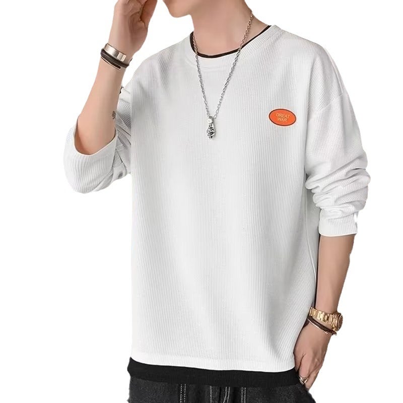 Waffle long-sleeved T-shirt men's spring and autumn fake two-piece T-shirt top ins fashion brand Korean style solid color bottoming shirt wholesale - Image 5