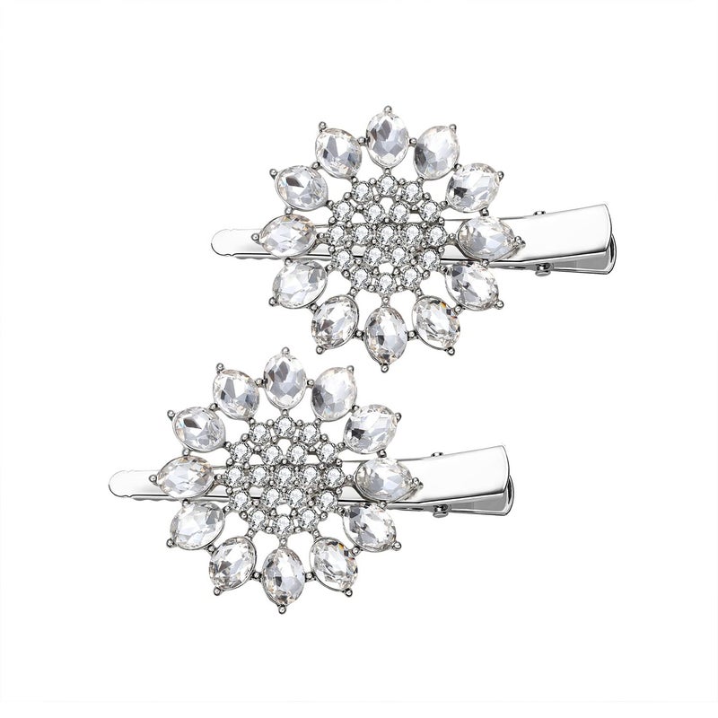 Crystal Hair Clips Large Sparkle Rhinestone Flower Design Alligator Metal Clip NonSlip Floral Duckbill Hairpins Bling French Fancy Hair Barrettes for women Girls Hair Jewelry Accessories Sliver B