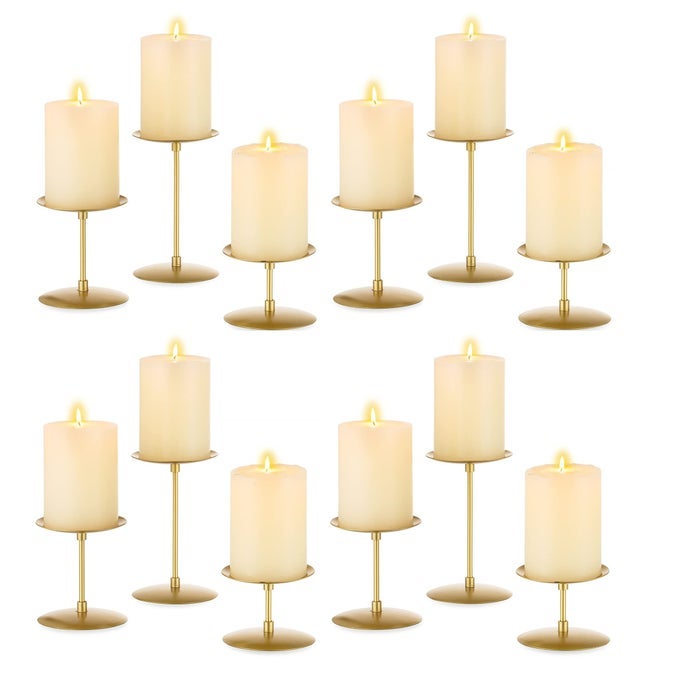 PILLAR CANDLE HOLDERS CANDELABRA GOLD SET OF 12 BULK CANDLE STAND IRON PLATE MINIMALISM MODERN HOME MANTEL DINNING TABLE DECORATIONS CENTERPIECE FOR WEDDING PARTY HOUSEWARMING EVENTS