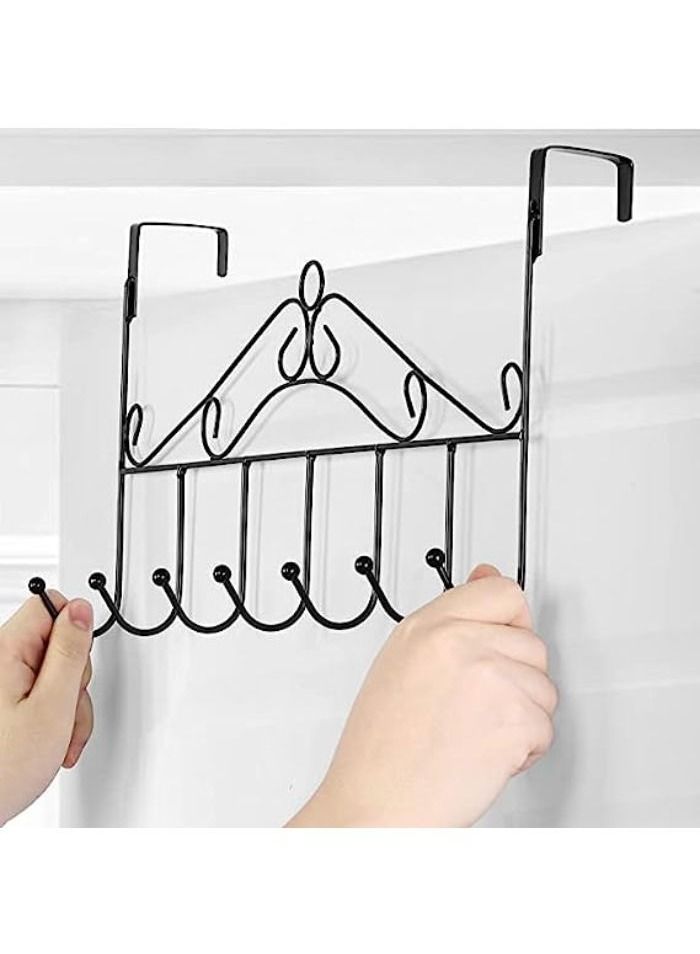 خطاف باب شماعة معدنية تعلق فوق الباب مع 7 خطافات لتعليق الملابس والفوط والمفاتيح (7 خطافات، اسود) - Image 1
