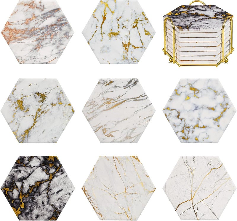 Geichan Coasters for Drinks with Metal Holder, 8 pcs Marble Ceramic Coaster Set with Cork Base for Tabletop Protection, Home Decor, Bar Coasters - Image 1