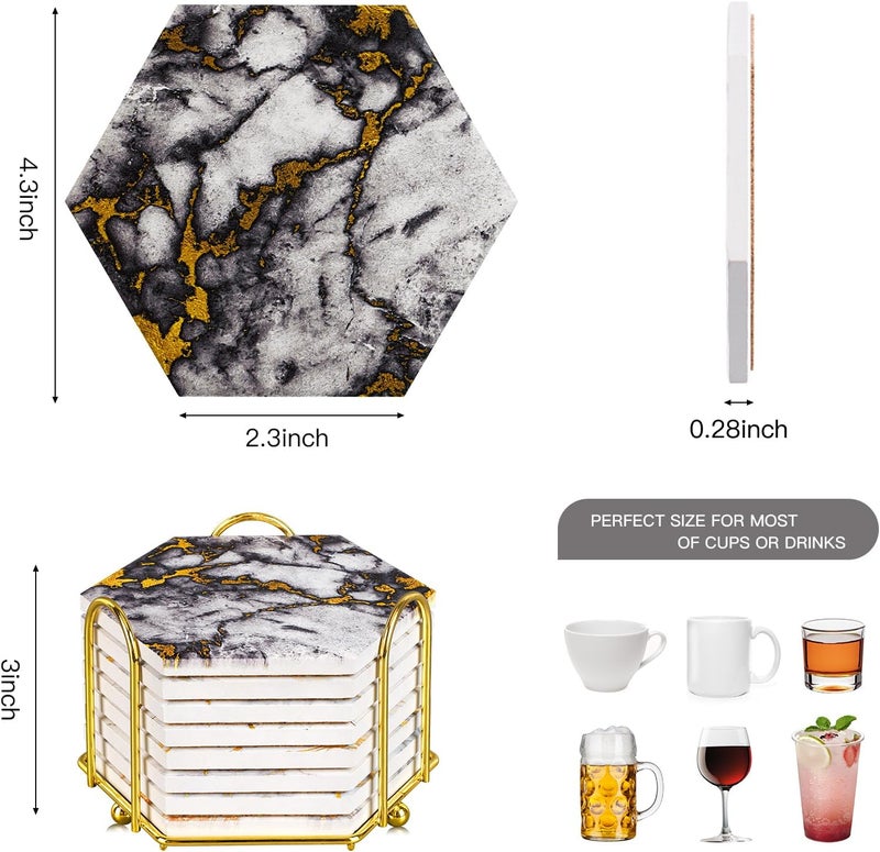 Geichan Coasters for Drinks with Metal Holder, 8 pcs Marble Ceramic Coaster Set with Cork Base for Tabletop Protection, Home Decor, Bar Coasters - Image 4