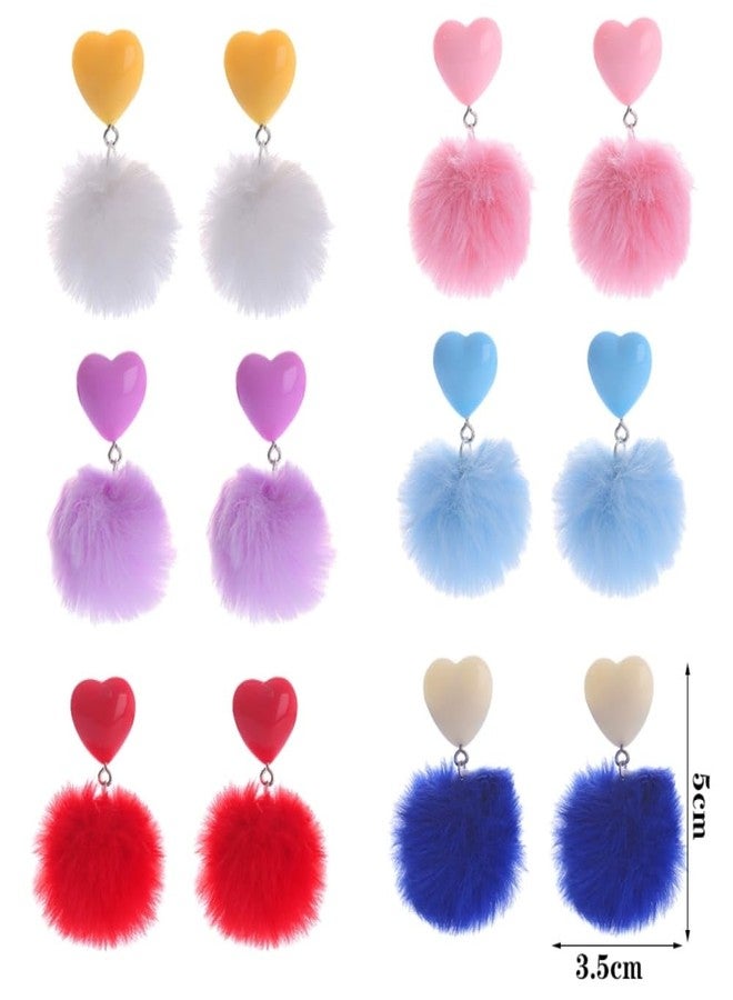 Soyzvteo Heart Pom Pom Earrings Colorful Faux Fur Fluffy Pom Earrings Heart Pom Pom Ball Dangle Drop Earrings Love Heart Pom Pom Stud Earrings Valentine's Day Jewerly-Light Blue - Image 2