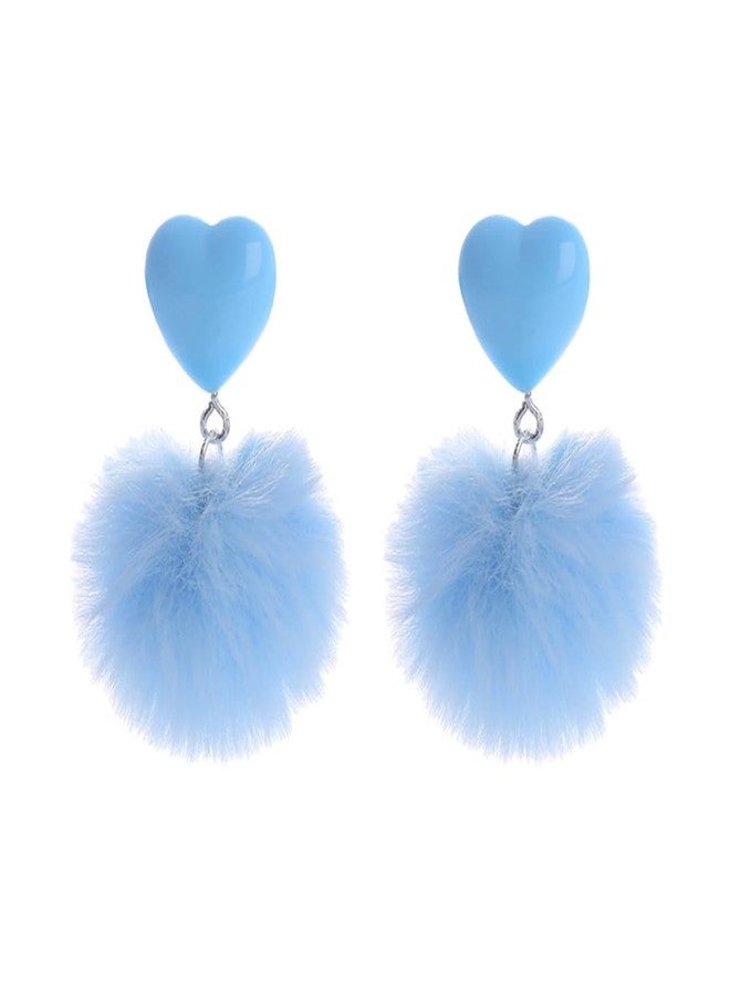 Soyzvteo Heart Pom Pom Earrings Colorful Faux Fur Fluffy Pom Earrings Heart Pom Pom Ball Dangle Drop Earrings Love Heart Pom Pom Stud Earrings Valentine's Day Jewerly-Light Blue - Image 1
