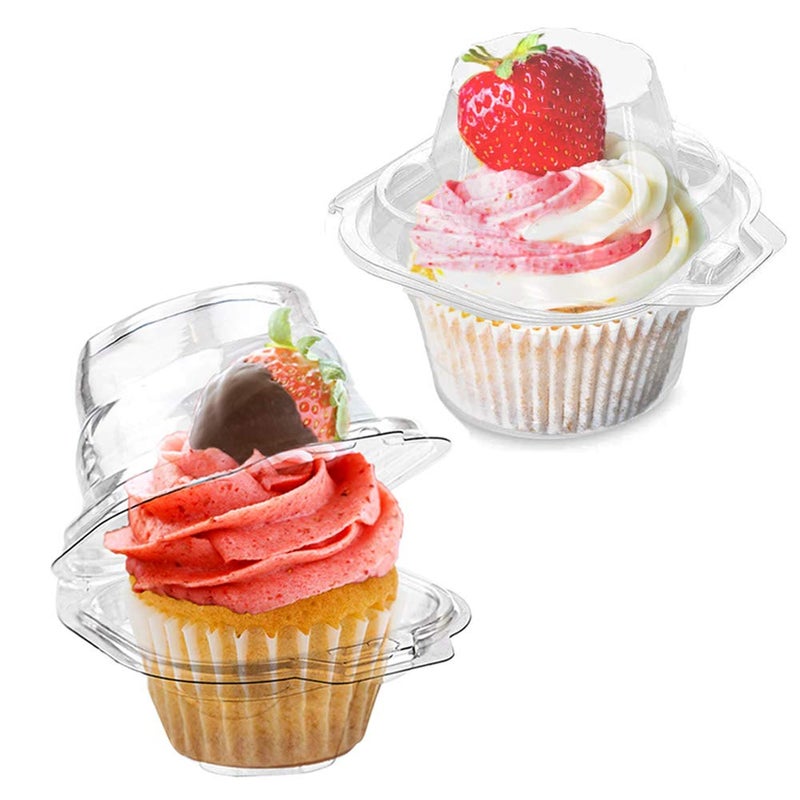 LOKQING 50 Pcs Cupcake Boxes Plastic Individual Cupcake Containers Single Cupcake Carrier with Connected Airtight Dome Lid for Party