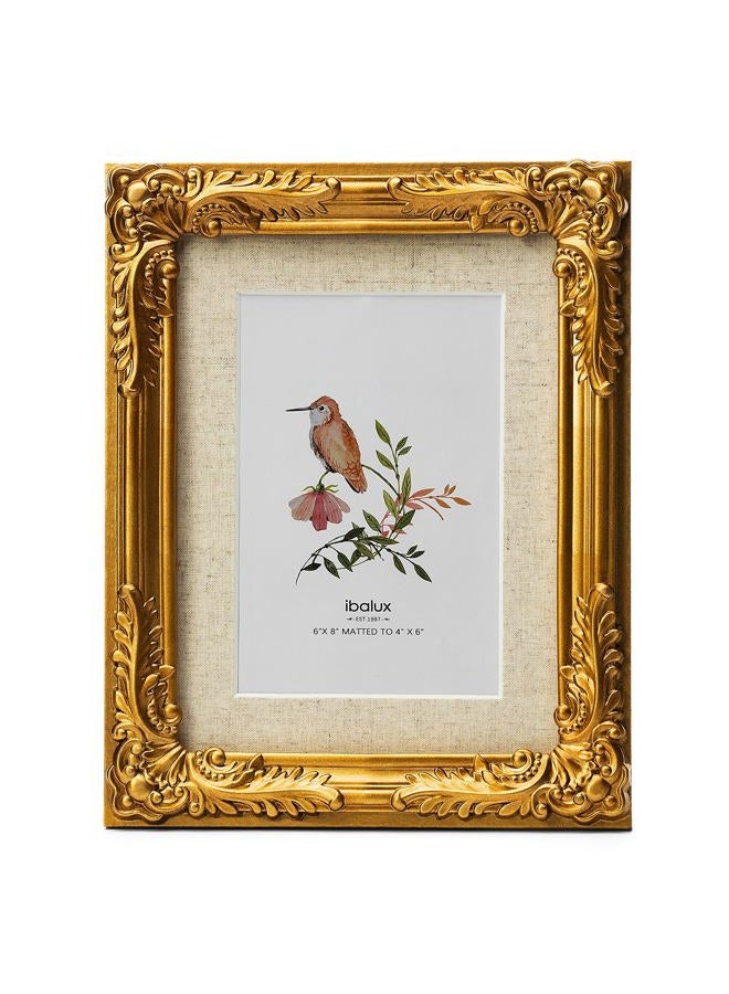 ibalux 6x8 Picture Frame with Real Glass, Ornate Vintage Gold Baroque Frame, Vertical and Horizontal Display Photos 4x6 with Linen Mat or 6x8 without, Wall Hanging or Tabletop - Image 1