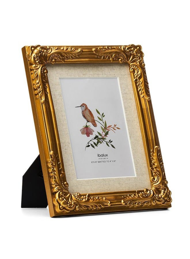 ibalux 6x8 Picture Frame with Real Glass, Ornate Vintage Gold Baroque Frame, Vertical and Horizontal Display Photos 4x6 with Linen Mat or 6x8 without, Wall Hanging or Tabletop - Image 2