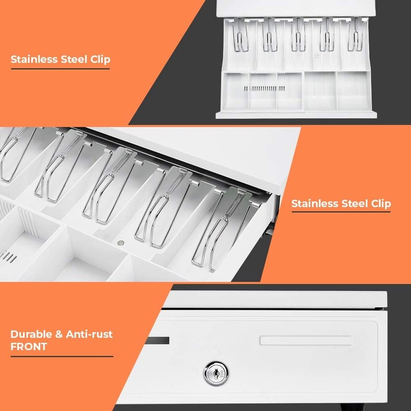 MUNBYN White Cash Drawer, 16" Heavy Duty Cash Register for Point of Sale (POS) System, 5 Bill/5 Coin, Removable Coin Tray, RJ11/RJ12 Interface 2 Key-Lock, Works for Square Business, Money Drawer - Image 3