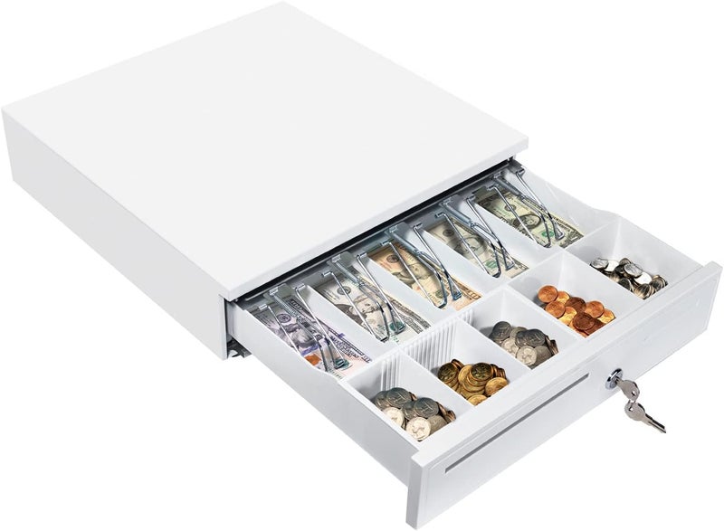 MUNBYN White Cash Drawer, 16" Heavy Duty Cash Register for Point of Sale (POS) System, 5 Bill/5 Coin, Removable Coin Tray, RJ11/RJ12 Interface 2 Key-Lock, Works for Square Business, Money Drawer - Image 1