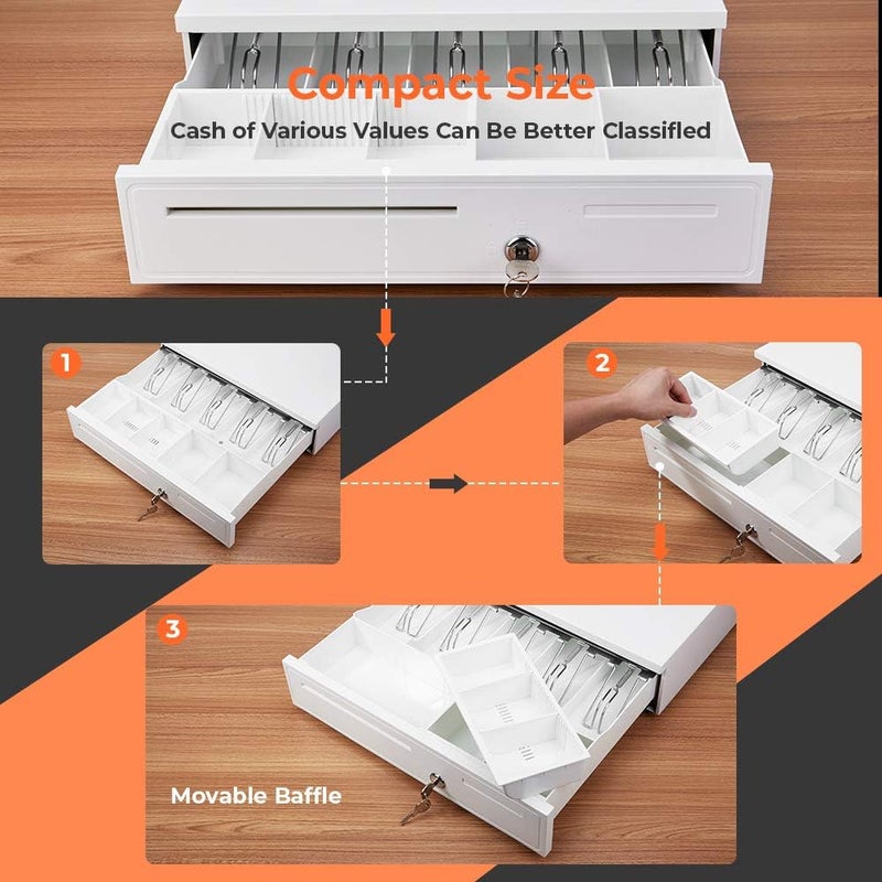 MUNBYN White Cash Drawer, 16" Heavy Duty Cash Register for Point of Sale (POS) System, 5 Bill/5 Coin, Removable Coin Tray, RJ11/RJ12 Interface 2 Key-Lock, Works for Square Business, Money Drawer - Image 4