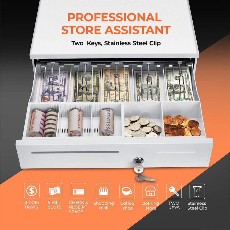 MUNBYN White Cash Drawer, 16" Heavy Duty Cash Register for Point of Sale (POS) System, 5 Bill/5 Coin, Removable Coin Tray, RJ11/RJ12 Interface 2 Key-Lock, Works for Square Business, Money Drawer - Image 2