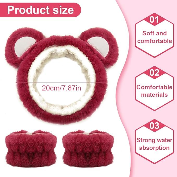 CORSULA Make-Up Hair Band, Skincare Hair Band, Sponge Headband Bracelet Sets for Washing Face Makeup Headbands for Women Girls Skin Care Removal Spa Shower Headband (Maroon, Regular) - Image 2