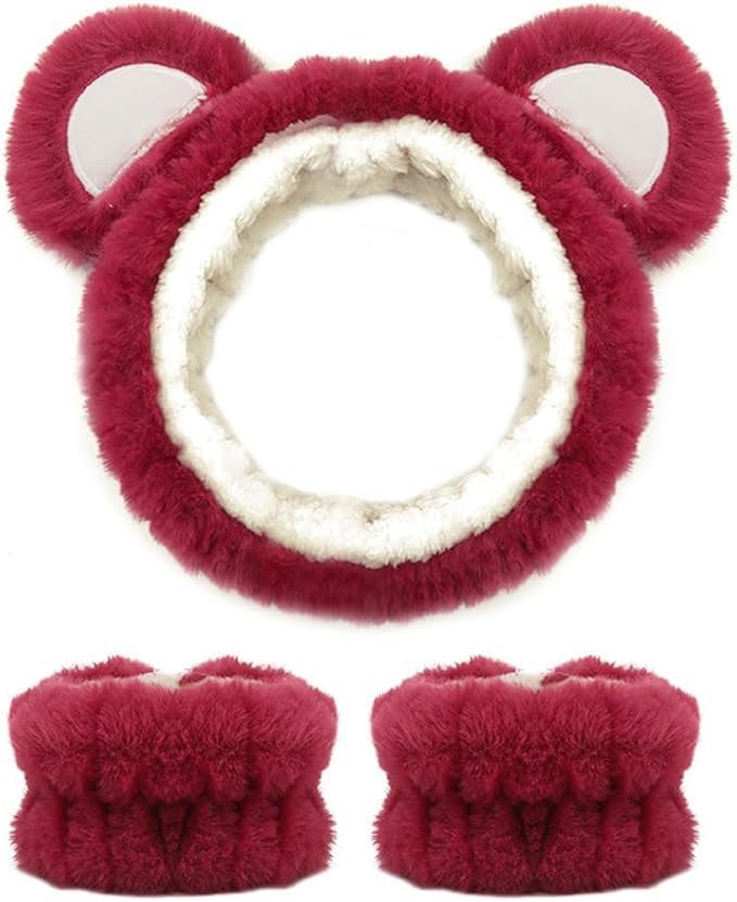 CORSULA Make-Up Hair Band, Skincare Hair Band, Sponge Headband Bracelet Sets for Washing Face Makeup Headbands for Women Girls Skin Care Removal Spa Shower Headband (Maroon, Regular) - Image 1