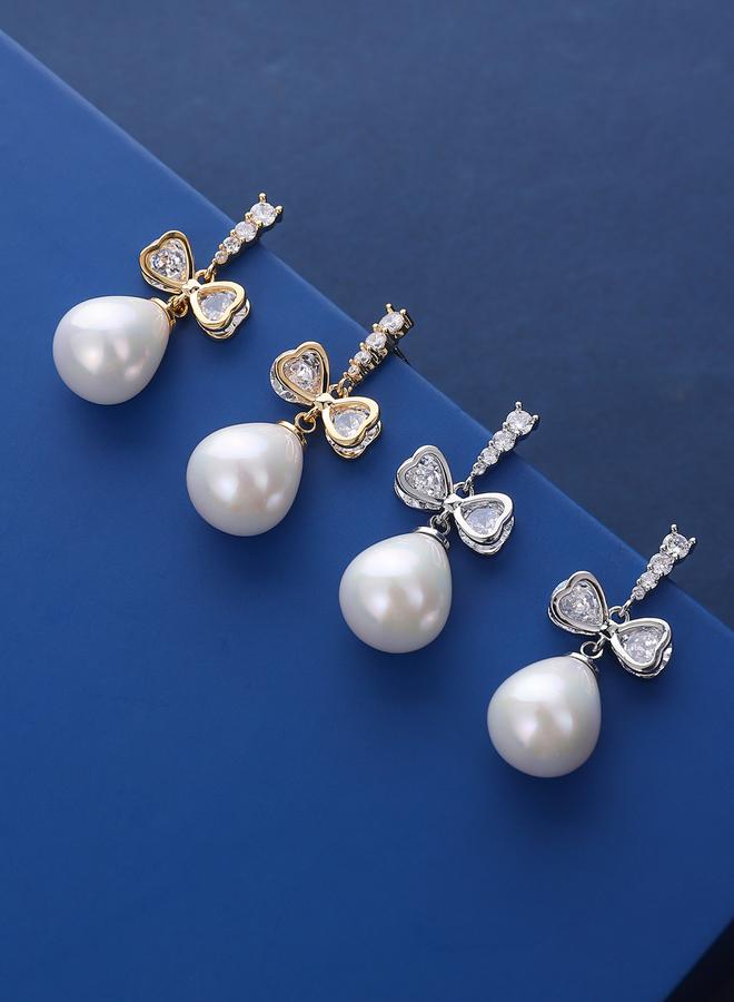 Take Two Silver Faux Pearl Bow Drop Earrings - Image 3