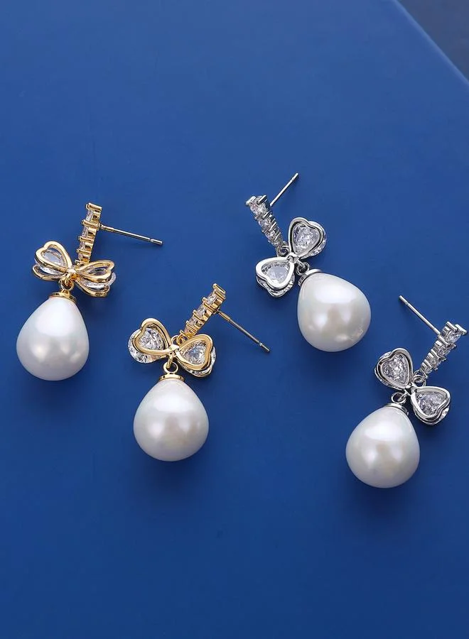Take Two Take Two Silver Faux Pearl Bow Drop Earrings