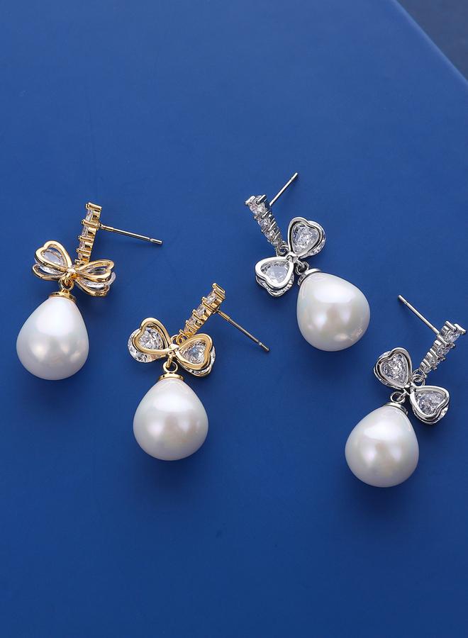 Take Two Silver Faux Pearl Bow Drop Earrings - Image 2