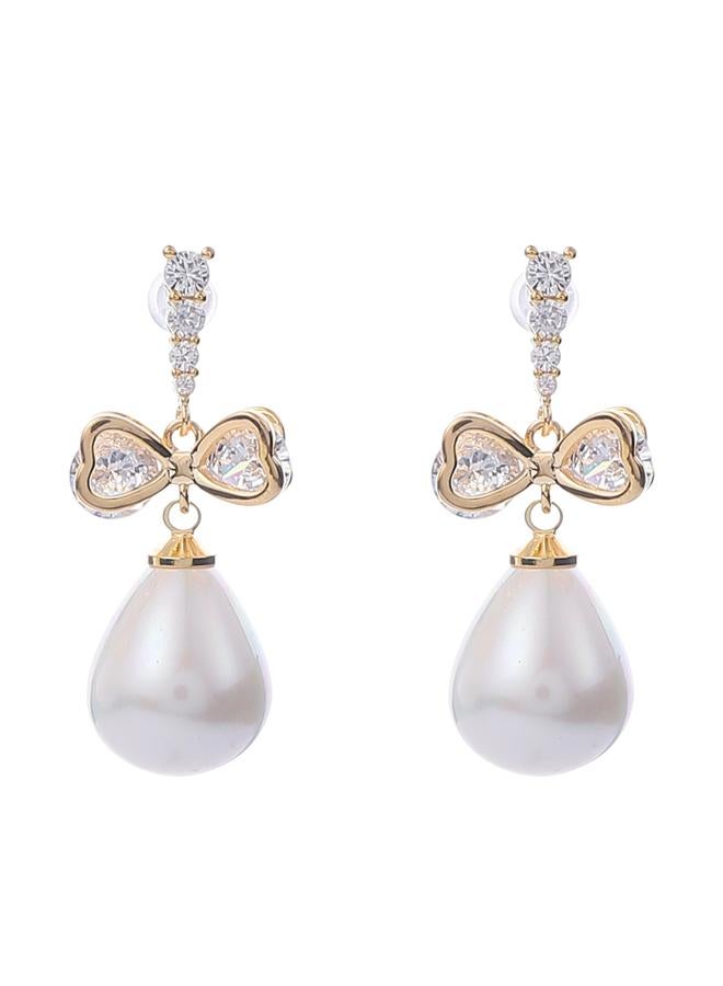 Take Two Silver Faux Pearl Bow Drop Earrings - Image 4